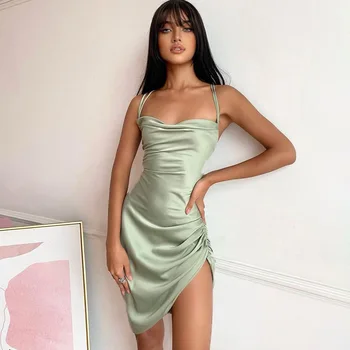 2021 Vasaros Satino Backless Seksuali Moteris Tvarstis Bodycon Suknelė Žalios Spalvos Elegantiškas Suknelės Moterims, Plonas Diržas Moteriška Šalis Suknelė - 
