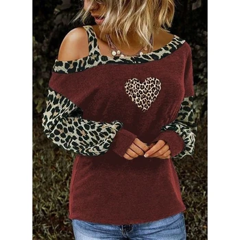 Ponios Plius Dydis Marškinėliai Leopard Susiuvimo Off-Pečių Ilgomis Rankovėmis Megztinis Viršuje Prarasti Harajuku Moterų Mados Drabužių Streetwear - 
