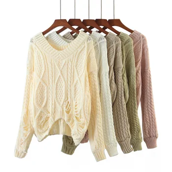 Mados džemperis moterims ilgomis rankovėmis megztinis atsitiktinis megzti megztinis prarasti v-kaklo megztinis baltos kankina megztinis chaki rožinė viršūnes rudenį - 