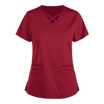 Darbo Slaugytoja Vienodą Moterų darbo drabužiai Palaidinė trumpomis Rankovėmis vientisos Spalvos V-kaklo, Kišenėje Viršūnes Slaugos T-Shirt Slaugytoja Vienodas - 