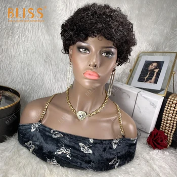 BLISS Garbanotas Moterims Žmogaus Trumpų Plaukų Perukai Pixie Supjaustyti Juodą Peruką Afro natūralus Tamsiai Mašina Pagaminti Pigūs Didmeninės perukai - 