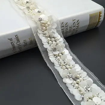 2Yards Baltos Puošnios China 3D Gėlių Nėrinių Apdaila Crystal Pearl Juostelę Siuvimo, Drabužių Apykaklės Priedai Akių Nėrinių Apdaila - 