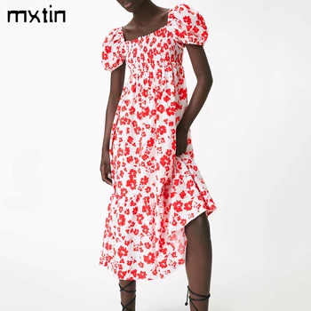 MXTIN 2021 Moterų Vasaros Derliaus Gėlių Spausdinti Elastingumą Midi Suknelė Mados Aikštė Apykaklės Sluoksniuotos Rankovėmis Moterų Suknelės Vestido - 