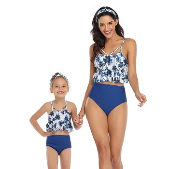 2021 Karšto Pardavimo Tėvų-Vaikų maudymosi kostiumėlį Naujas Bikini Spausdinti Aukštos Juosmens Mėlynas Juodas Žalias maudymosi kostiumėlis Beach Moterų Biniki SW510 - 