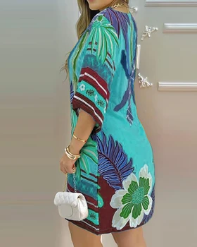 2021 Vasaros Moterų Mini Atogrąžų Spausdinti Pusė Rankovės Atsitiktinis Suknelė Elegantiškos Apvalios Kaklo - 