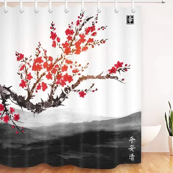 Japonijos Dušo Užuolaidos Red Cherry Vandeniui Anti-pelėsių Vonios Užuolaidų Sakura Medžio Rašalo Tapybos Stilius, su Kabliais, Vonios kambarys dekoro - 