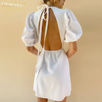 Clacive O-Kaklo Backless Seksuali Suknelė Moteris 2021 Sluoksniuotos Rankovėmis Žalia Atsitiktinis Vasaros Ponios Balta Nėrinių Asimetrija Mini Suknelės Medvilnės - 