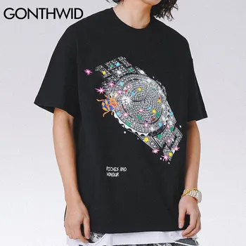 GONTHWID Tshirts Hip-Hop Žiūrėti Spausdinti Atsitiktinis Palaidų Tees Marškinėliai Streetwear Vyrų Harajuku Mados Trumpas Rankovės Punk Rock, Gothic Viršūnės - 