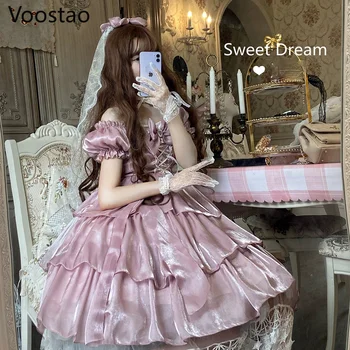 Japonijos Lolita Princess Op Suknelė Moterims, Elegantiškas, Mielas, Saldus Svajinga Gėlių Vestuvės Suknelės Girly Lankas Tvarstis Pasakų Suknelė - 