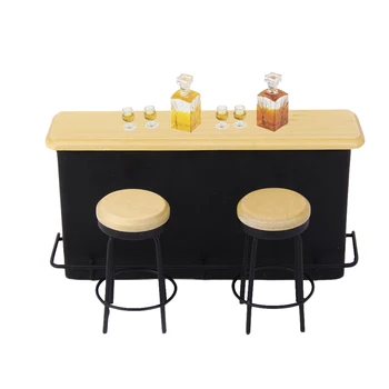 1/12 Scale Dollhouse Bar Cabinet Table Stool Liquor Wine Bottle Cups Kitchen Set - 