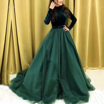 Ilgomis Rankovėmis Musulmonų Vakarinę Suknelę Aukštu Kaklu Green Blue Velvet Islamo Dubajus Kaftan Saudo Arabų Boho Prom Dress - 