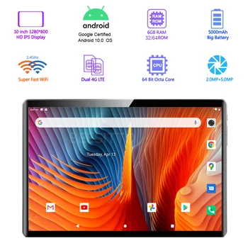 Naujausias Android 10.0 Tablet PC Dual 4G LTE 6GB RAM, 32GB ROM Octa-Core Dual Camera, Bluetooth WiFi GPS 10 colių IPS Tablečių планшет - 