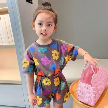 Vasarą naujų cute baby girl gėlių drabužių rinkiniai mados medvilnės vaikų trumpomis rankovėmis tees + šortai 2cps rinkiniai 3 spalvos kostiumai wz169 - 