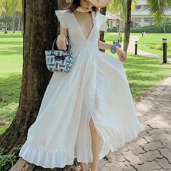 Korėjos kilimo ir tūpimo Tako 2021 Sundress Ilgai Giliai V-kaklo Balta Moterų Vasaros Suknelė Elegantiškas Maxi Backless Derliaus Šalis Atostogų Paplūdimio Suknelė - 