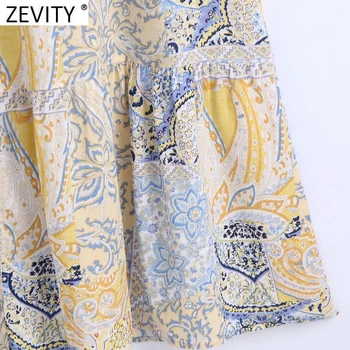 Zevity Moterų Derliaus Sluoksniuotos Rankovėmis Paspauskite Plisuotos Krūtinėmis Atsitiktinis Midi Suknelė Moterų Medžiaga Kratinys Spausdinimo Vestido Suknelės DS8217 - 