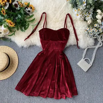 Elegantiška Vintage Gotikos Spageti Dirželis Suknelė Moterims 2021 M. Rudenį Pagrindinio Trumpas Šalis Suknelės Plonas Aukštos Juosmens Mini Suknelė Moteris - 