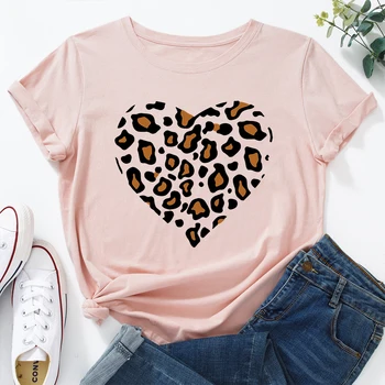 Moterų Grafinis Tees Medvilnės trumpomis Rankovėmis Įgulos Kaklo Laisvi Marškinėliai Topai Moterų Vasaros Drabužius Leopard Širdies Meilės - 