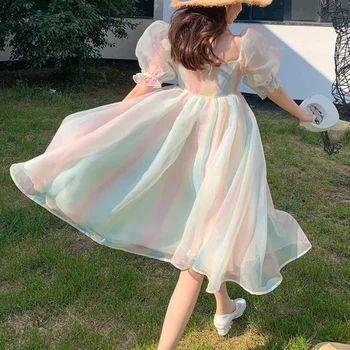 Vasaros Vaivorykštė Saldus Pasakų Suknelė Moterims Korėjos-Line Off Turėtų Elegantiškas Midi Suknelė, Prašmatnus Gazas Paplūdimio Gegužinė Šalis Suknelė 2021 - 